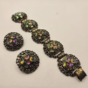Vtg Judy Lee Peacock Carnival Art Glass Bracelet Earring Set Renaissance Revival